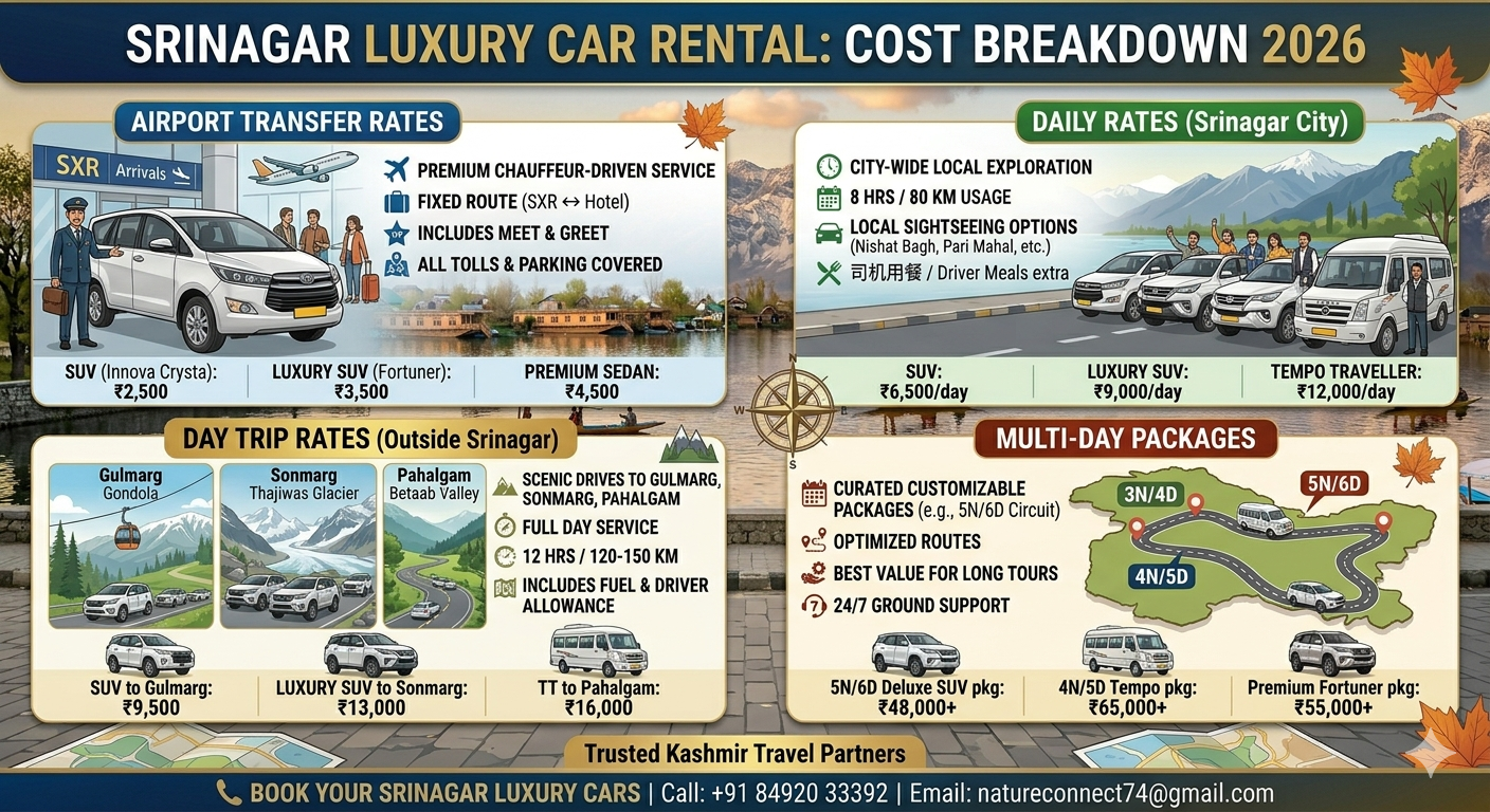 Srinagar Luxury Car Rental 2026 | ₹5,000/day | Innova & Fortuner 11 Srinagar luxury car rental 2026 - complete pricing infographic