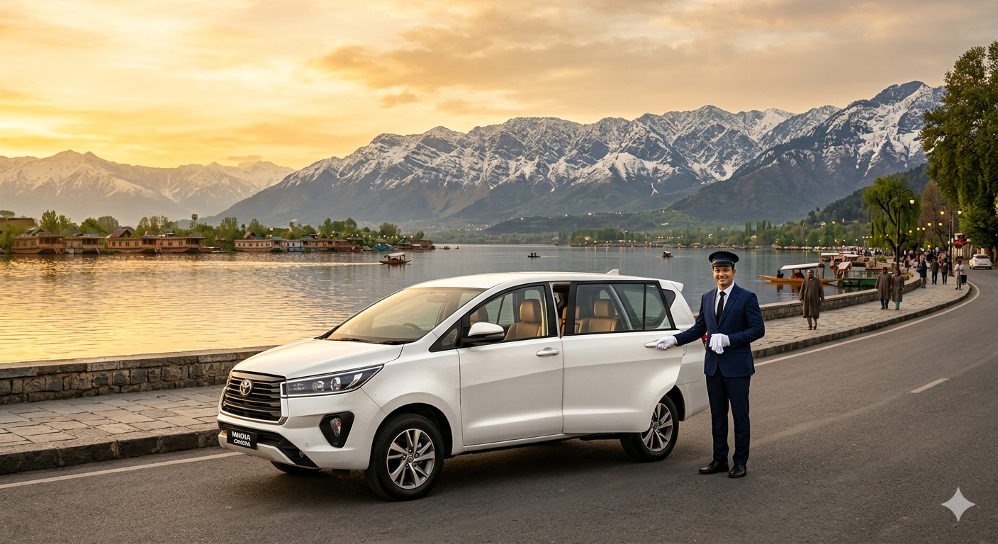 Srinagar Luxury Car Rental 2026 | ₹5,000/day | Innova & Fortuner 8 Srinagar luxury car rental 2026 - premium Innova Crysta with Dal Lake backdrop