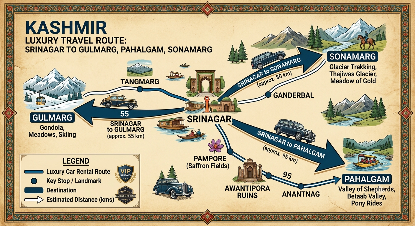 Srinagar Luxury Car Rental 2026 | ₹5,000/day | Innova & Fortuner 12 Srinagar luxury car rental 2026 - route map to Gulmarg, Pahalgam, and Sonamarg