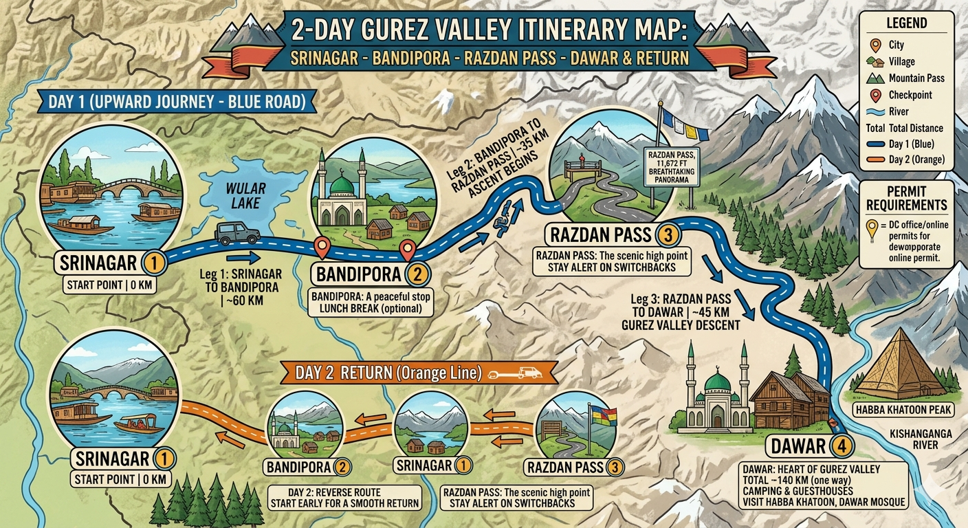 Srinagar to Gurez Valley taxi fare 2026 - 2-day itinerary map