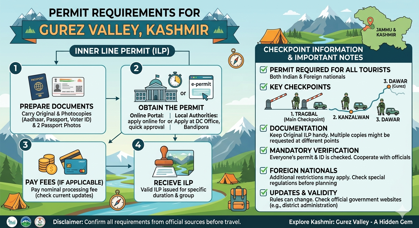 Srinagar to Gurez Valley taxi fare 2026 - permit requirements infographic