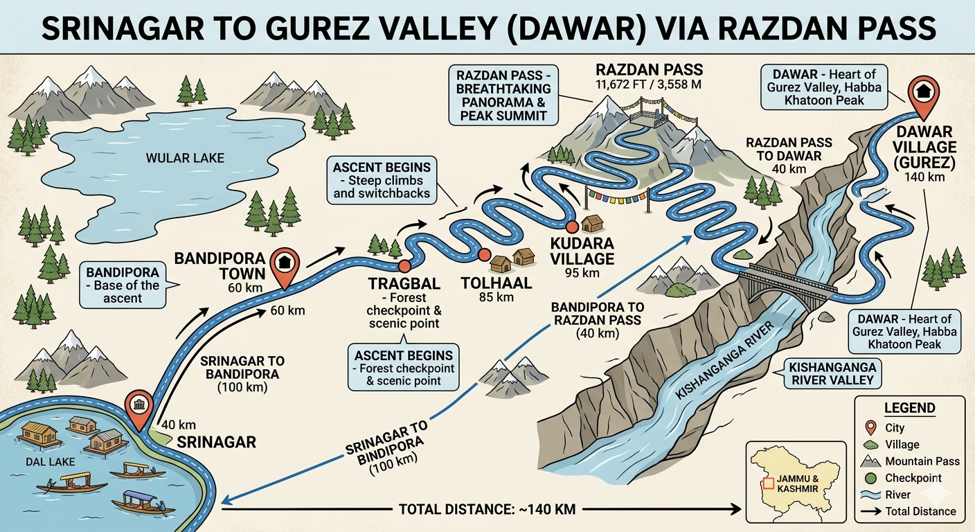 Srinagar to Gurez Valley taxi fare 2026 - route map via Bandipora and Razdan Pass