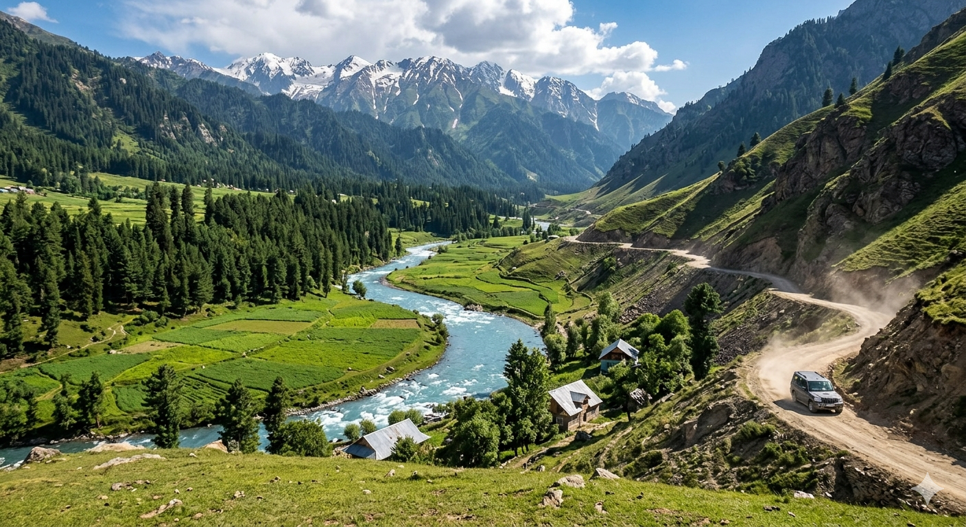 Srinagar to Gurez Valley taxi fare 2026 - scenic view of Gurez Valley with Kishanganga River