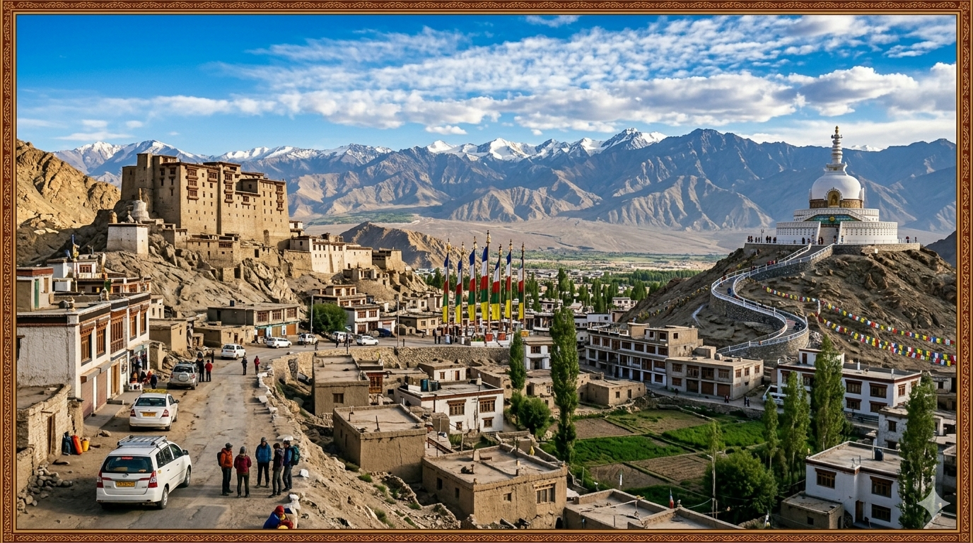 Srinagar to Leh road trip - Leh town with Shanti Stupa and Leh Palace