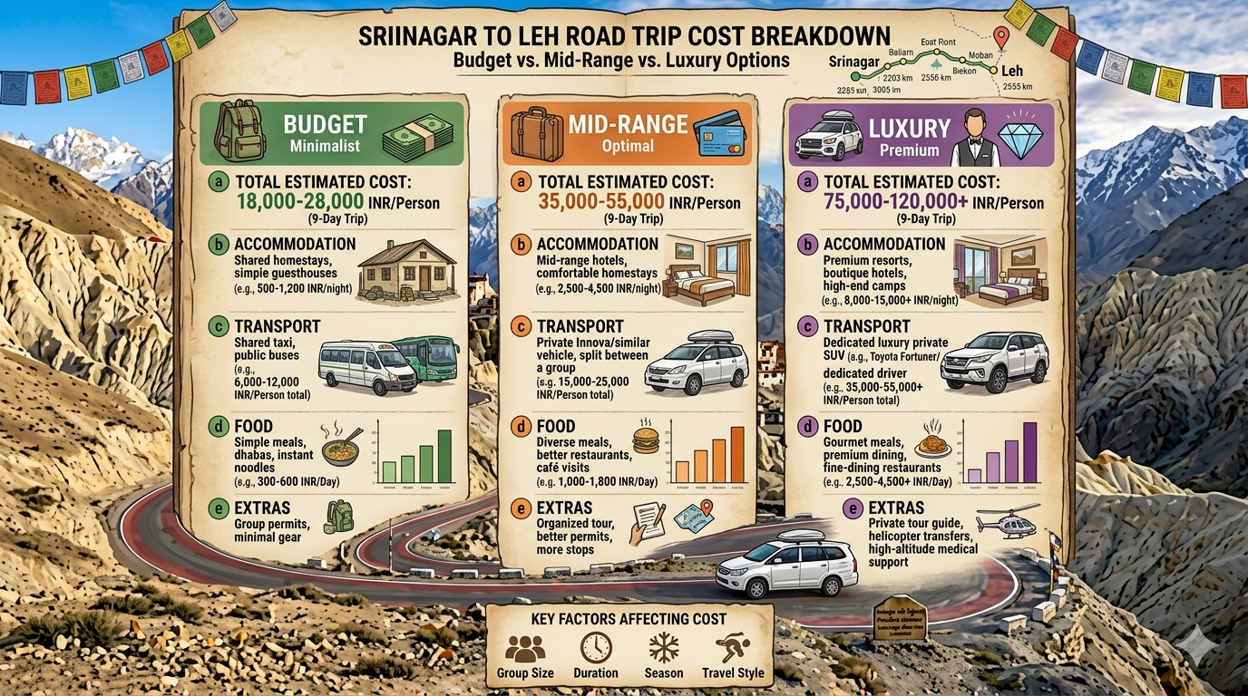 Srinagar to Leh road trip itinerary 2026 - cost breakdown infographic