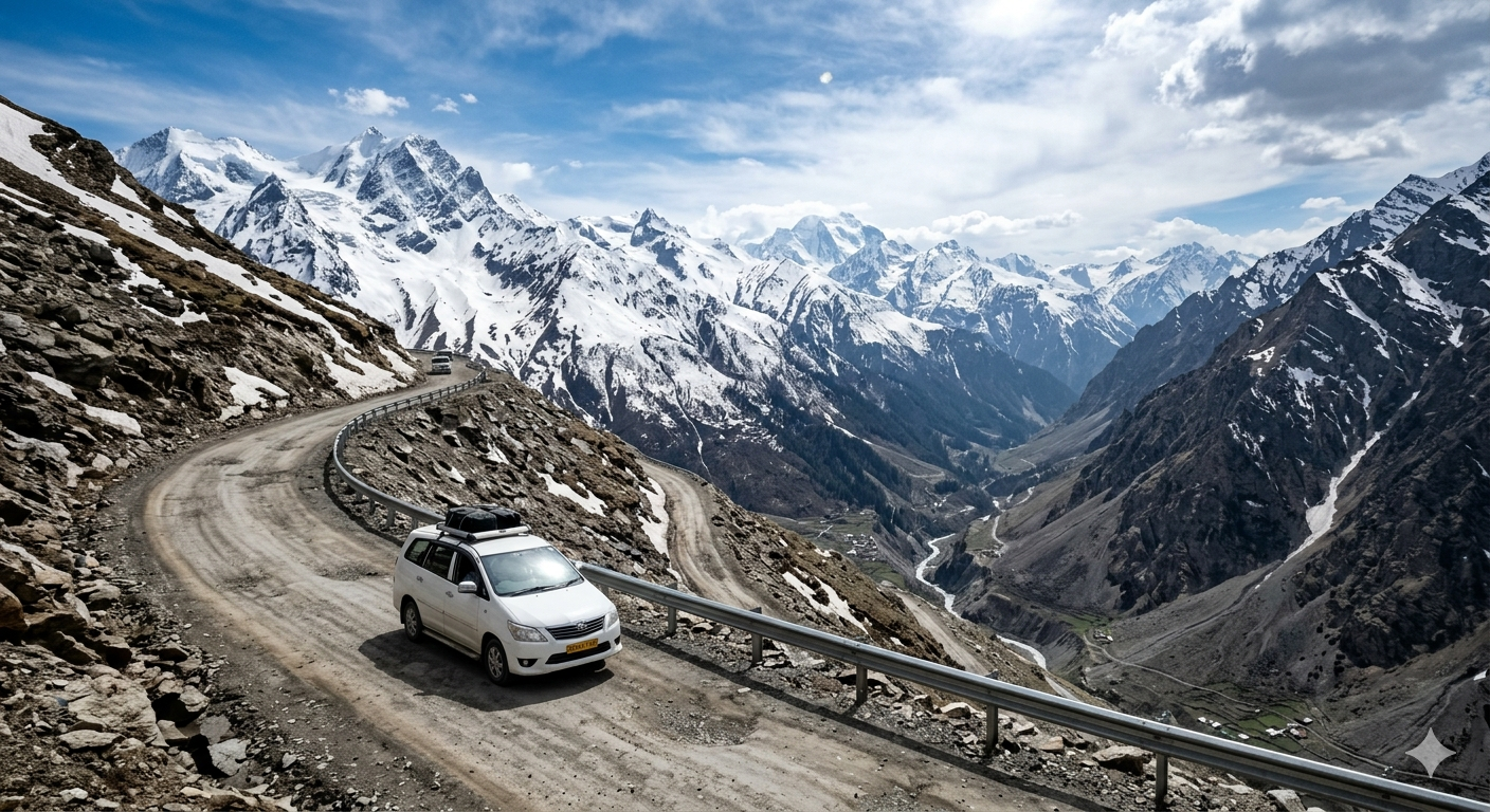 Srinagar to Leh road trip itinerary 2026 - vehicle crossing Zoji La Pass with Himalayan mountains