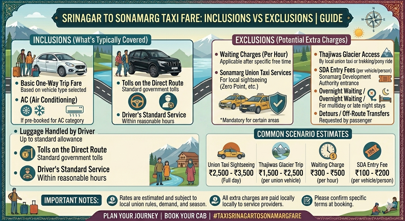 Srinagar to Sonamarg Taxi Fare 2026 | ₹3,500 | SUV Sedan Tempo 11 Srinagar to Sonamarg taxi fare 2026 - Sonamarg union taxi rules infographic