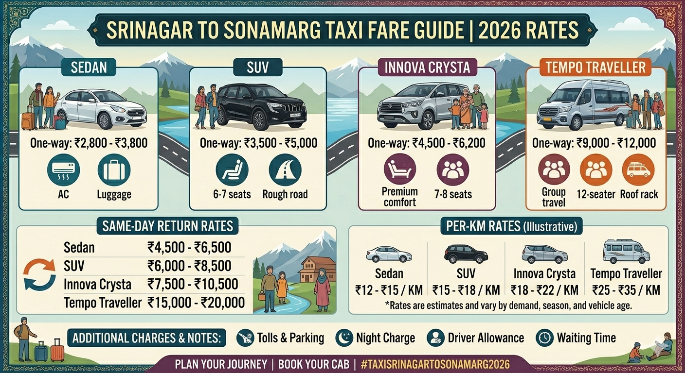 Srinagar to Sonamarg Taxi Fare 2026 | ₹3,500 | SUV Sedan Tempo 10 Srinagar to Sonamarg taxi fare 2026 - complete pricing infographic one-way return and per-km rates