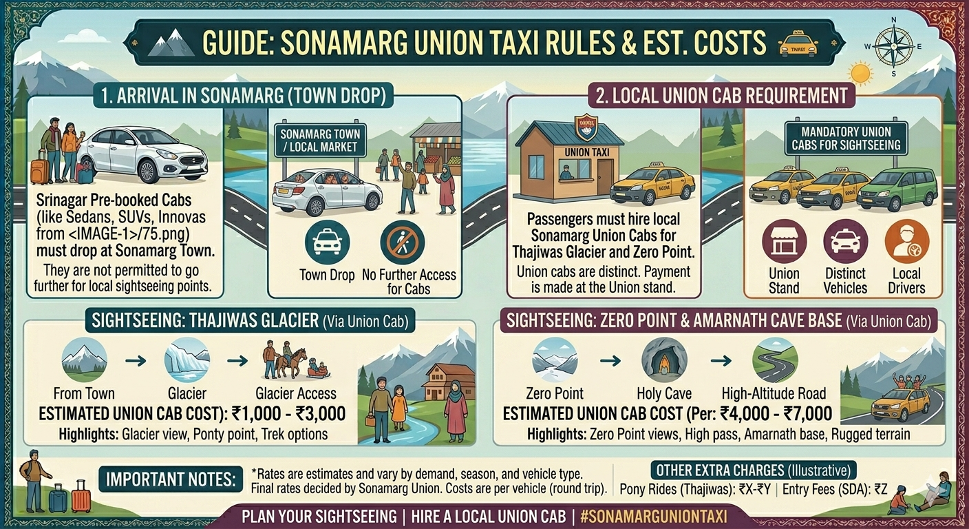 Srinagar to Sonamarg Taxi Fare 2026 | ₹3,500 | SUV Sedan Tempo 12 Srinagar to Sonamarg taxi fare 2026 - day trip itinerary with cost breakdown