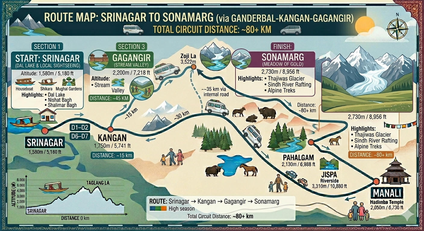 Srinagar to Sonamarg Taxi Fare 2026 | ₹3,500 | SUV Sedan Tempo 9 Srinagar to Sonamarg taxi fare 2026 - route map showing Srinagar to Sonamarg via Ganderbal Kangan Gagangir