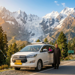Srinagar to Sonamarg taxi fare 2026 - white SUV taxi on mountain road with Thajiwas Glacier background and professional Kashmiri driver
