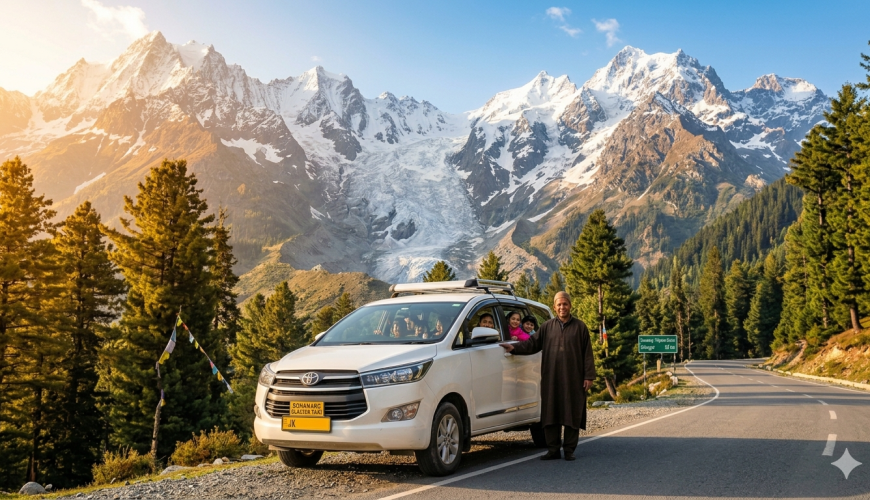 Srinagar to Sonamarg taxi fare 2026 - white SUV taxi on mountain road with Thajiwas Glacier background and professional Kashmiri driver