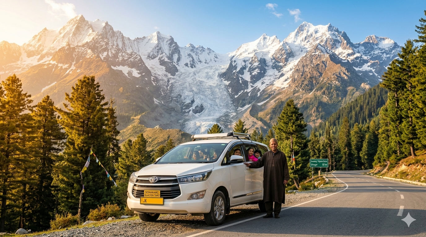 Srinagar to Sonamarg taxi fare 2026 - white SUV taxi on mountain road with Thajiwas Glacier background and professional Kashmiri driver