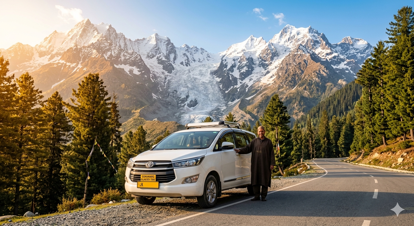 Srinagar to Sonamarg Taxi Fare 2026 | ₹3,500 | SUV Sedan Tempo 8 Srinagar to Sonamarg taxi fare 2026 - white SUV taxi on road with Thajiwas Glacier background