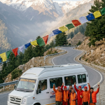 Tempo Traveller for Amarnath Yatra 2026 - group of 12 pilgrims standing in front of tempo traveller on Himalayan road for group pilgrimage to Amarnath Cave
