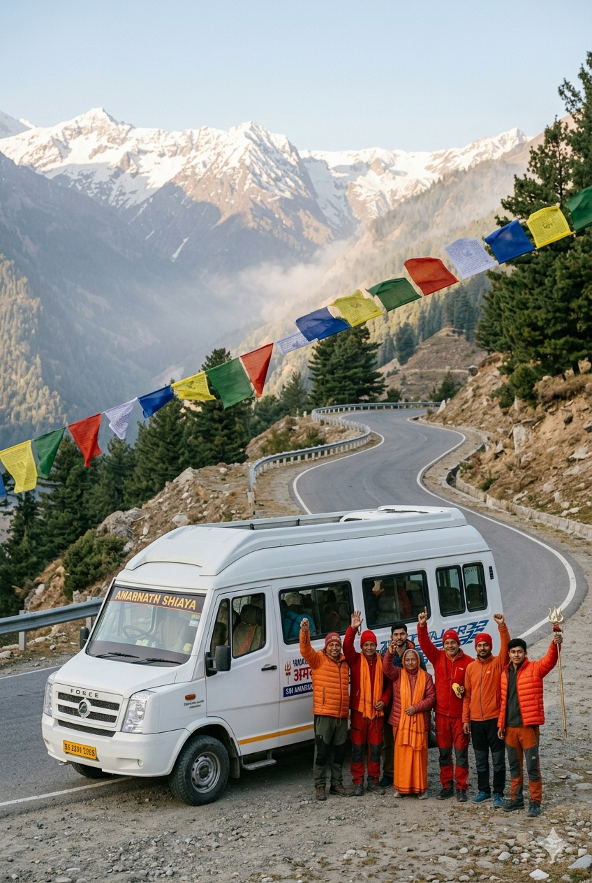 Tempo Traveller for Amarnath Yatra 2026 - group of 12 pilgrims standing in front of tempo traveller on Himalayan road for group pilgrimage to Amarnath Cave