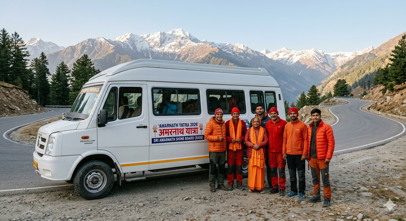 Tempo Traveller for Amarnath Yatra 2026 - group of pilgrims standing in front of 12-seater tempo traveller on Himalayan road to Baltal base camp