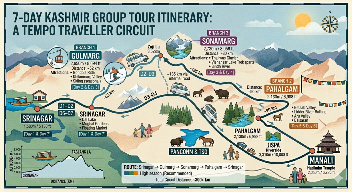 Tempo Traveller Hire Kashmir for Group 2026 | 12-17 Seater | ₹5,500/day 11 Tempo Traveller hire Kashmir for group 2026 - 7 day group tour itinerary map showing Srinagar Sonamarg Gulmarg Pahalgam circuit