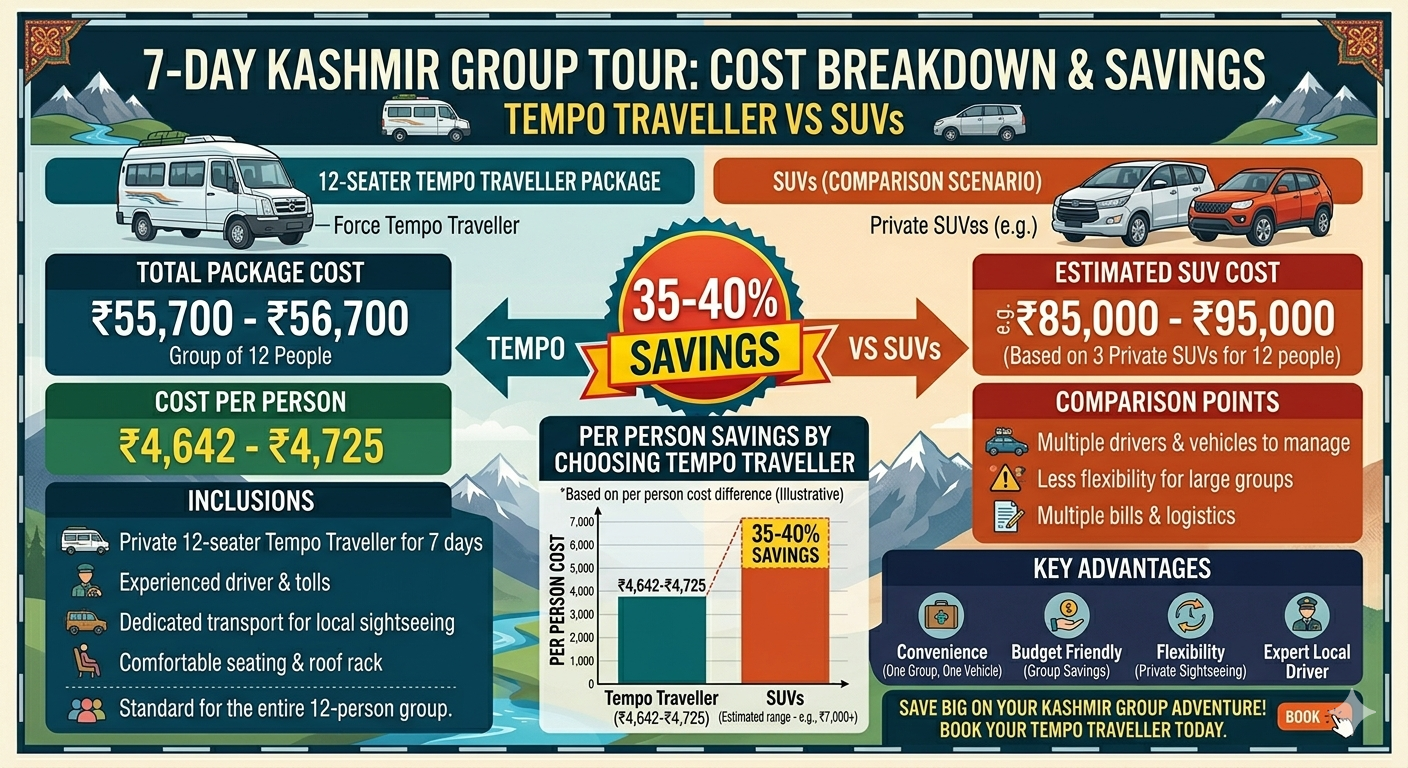 Tempo Traveller Hire Kashmir for Group 2026 | 12-17 Seater | ₹5,500/day 12 Tempo Traveller hire Kashmir for group 2026 - 7 day package cost breakdown for 12 seater showing total 55700 rupees and per person cost 4642-4725 rupees