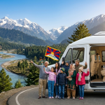 Tempo Traveller hire Kashmir for group 2026 - multi-generational happy group with white Force Urbania luxury tempo traveller overlooking Lidder River valley Pahalgam