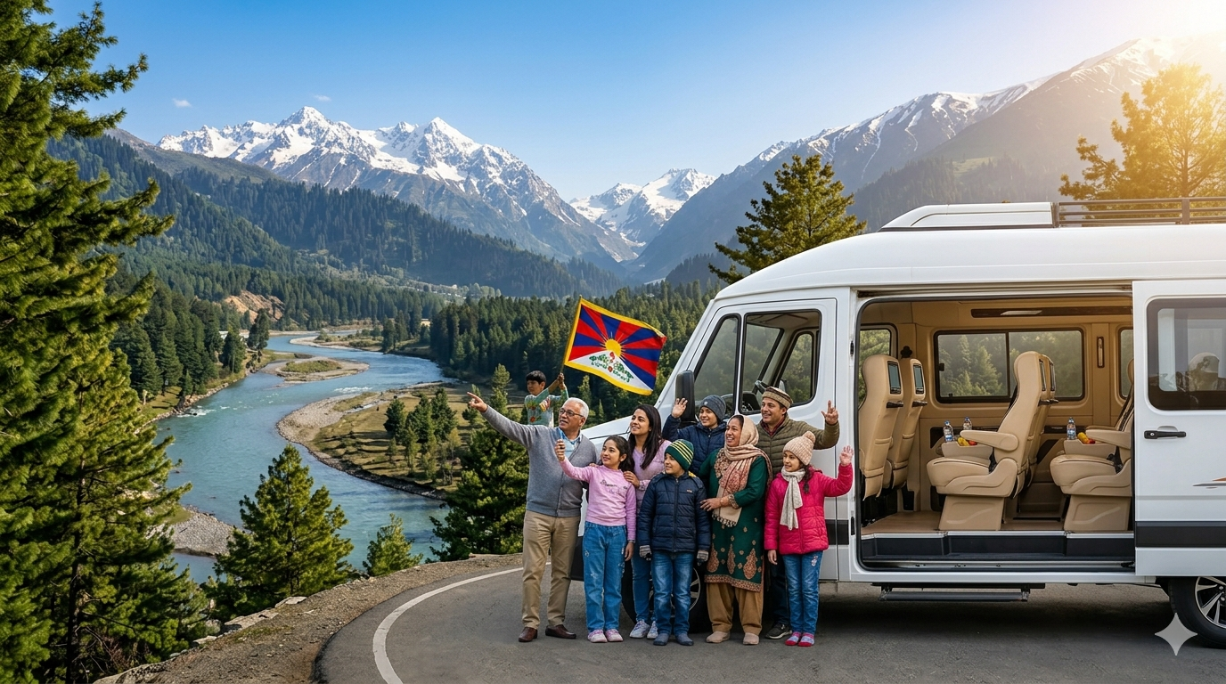 Tempo Traveller hire Kashmir for group 2026 - multi-generational happy group with white Force Urbania luxury tempo traveller overlooking Lidder River valley Pahalgam