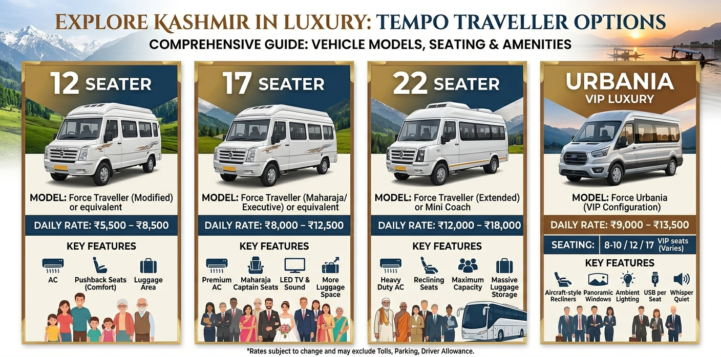 Tempo Traveller Hire Kashmir for Group 2026 | 12-17 Seater | ₹5,500/day 10 Tempo Traveller hire Kashmir for group 2026 - vehicle comparison 12 seater 17 seater 22 seater Urbania luxury with daily rates and seating capacity