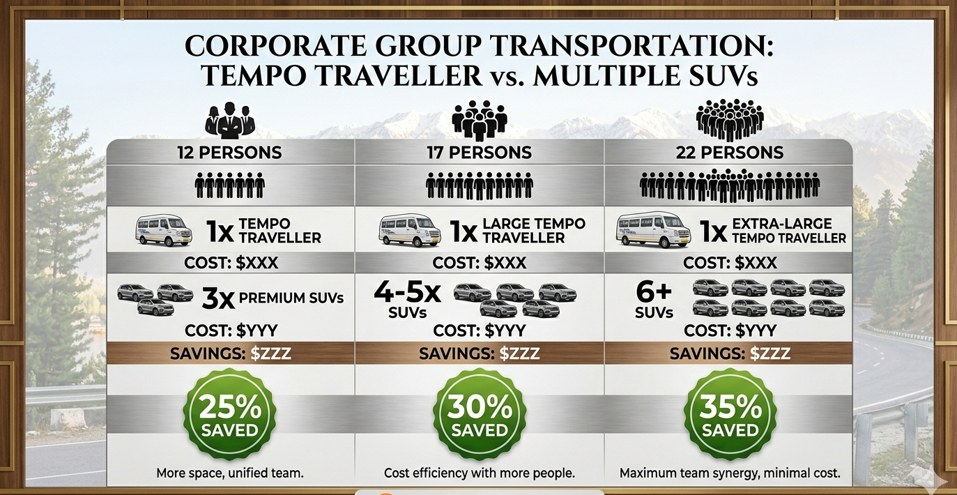 Tempo Traveller Hire Kashmir for Group 2026 | 12-17 Seater | ₹5,500/day 9 Tempo Traveller hire Kashmir for group 2026 - vehicle comparison 12 seater 17 seater 22 seater Urbania luxury with daily rates and seating capacity
