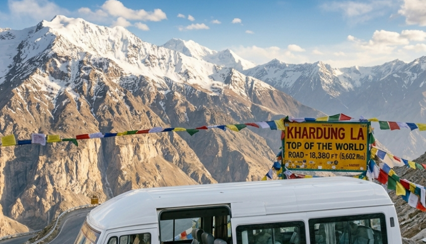 Tempo traveller for 10 persons Leh Ladakh 2026 - Force Urbania 12 seater with group of 10 travelers at Khardung La pass 18380 feet highest motorable road