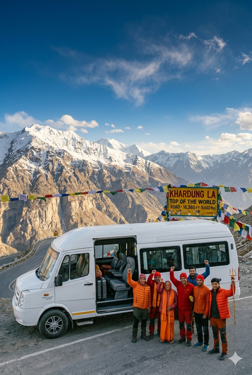Tempo traveller for 10 persons Leh Ladakh 2026 - Force Urbania 12 seater with group of 10 travelers at Khardung La pass 18380 feet highest motorable road