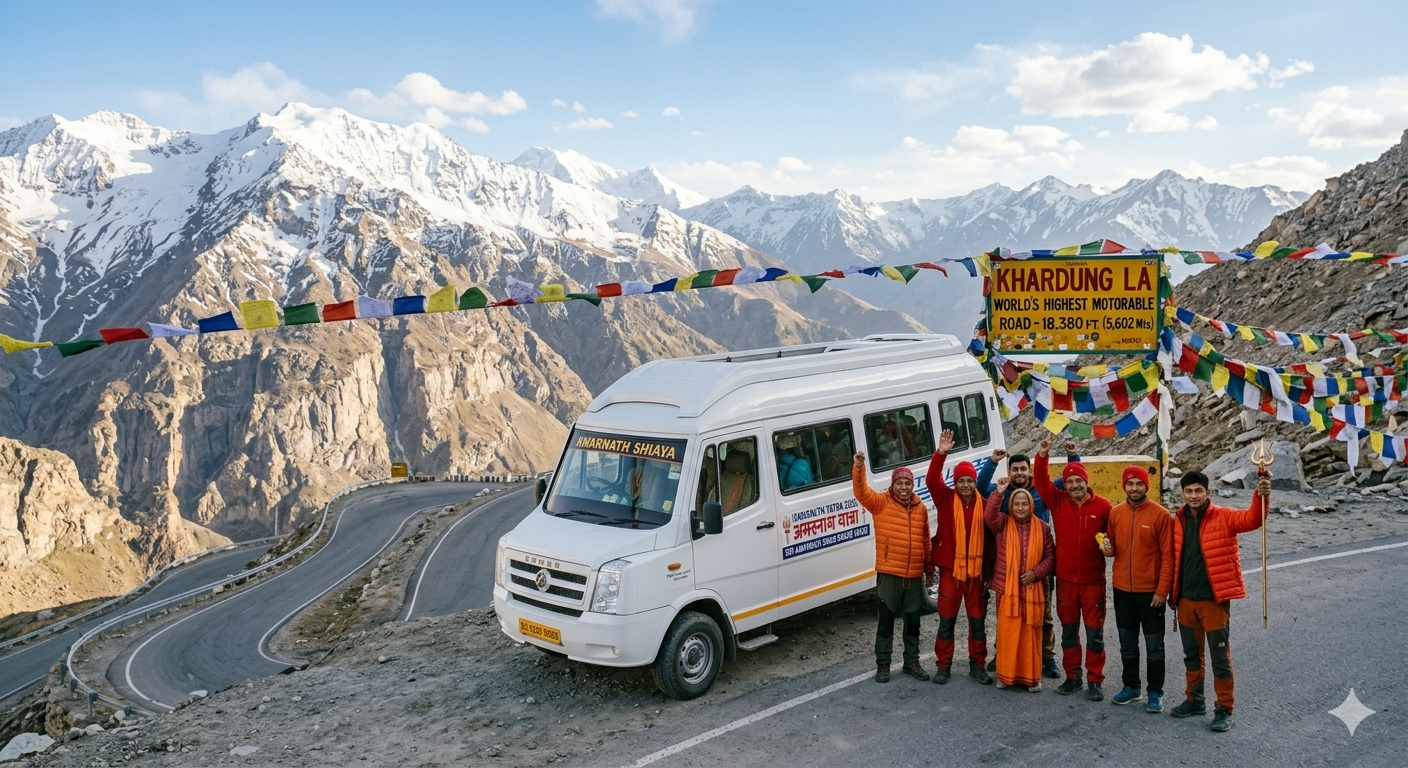 Tempo Traveller hire Leh Ladakh for 10 persons - group of travelers standing in front of tempo traveller at Khardung La pass 18380 feet