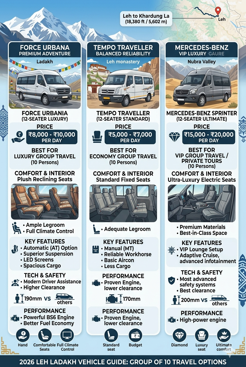 Tempo traveller for 10 persons Leh Ladakh 2026 - vehicle comparison showing Force Urbania 12 seater at 8000-10000 rupees per day