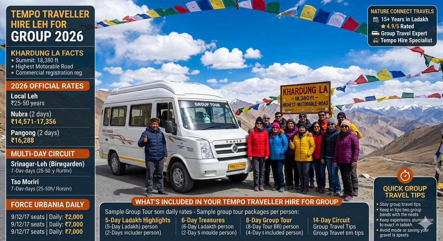 Tempo traveller hire Leh for group 2026 - white Force Urbania at Khardung La pass 18380 feet with happy group of 10-12 travelers posing for photo, Ladakhi driver giving thumbs up, prayer flags, official rates Leh local ₹3,300, Nubra Valley 2 days ₹14,571-17,356, Pangong Tso 2 days ₹16,288, Nubra-Pangong circuit 3 days ₹29,529, Srinagar to Leh 2 days ₹27,831, Tso Moriri 2 days ₹18,655-22,584, vehicle options 9-17 seater, Force Urbania 12-seater most popular, extra charges night halt ₹385, group tour packages 5-14 days ₹22,000-36,500 per person