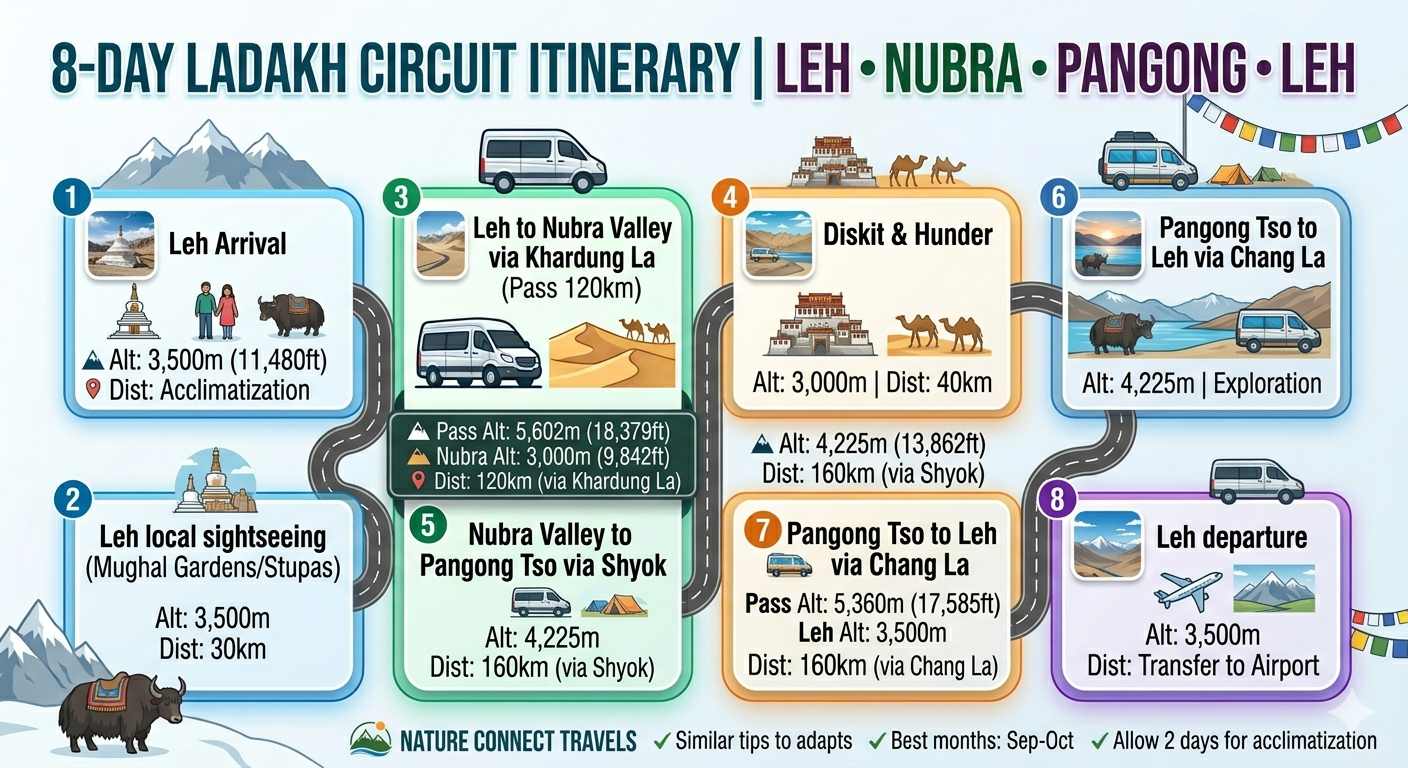Tempo traveller hire Leh for group - 8-day Ladakh group tour route map from Leh to Nubra to Pangong with altitudes