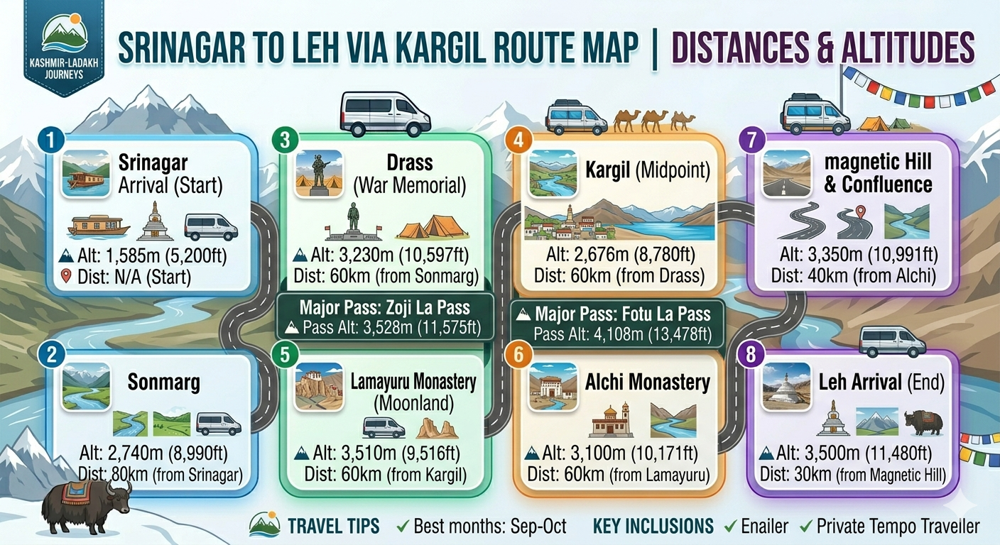 Tempo traveller hire Leh for group - Srinagar to Leh route map via Kargil with altitudes and distances