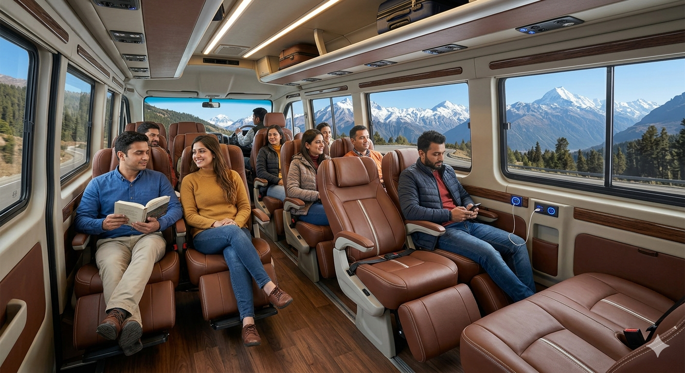  Tempo traveller hire Leh for group - spacious interior of luxury tempo traveller with reclining seats and mountain views