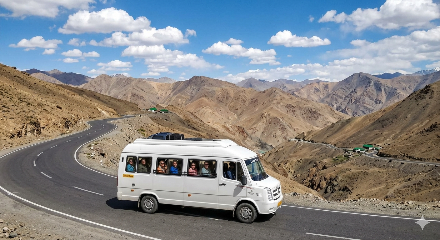 Tempo traveller hire Leh for group - tempo traveller on winding Ladakh mountain road with group enjoying views