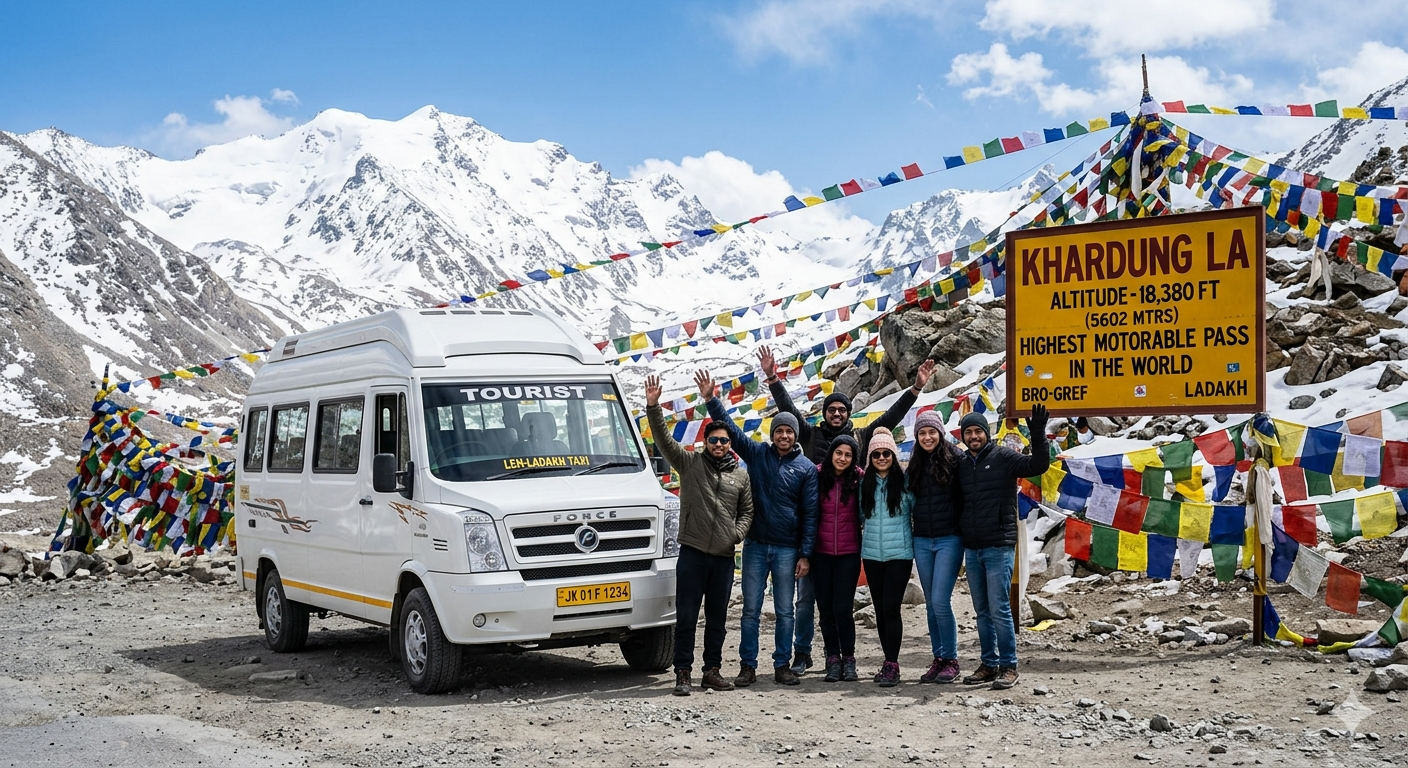 Tempo traveller hire Leh for group - white Force Urbania at Khardung La pass with happy group of travelers