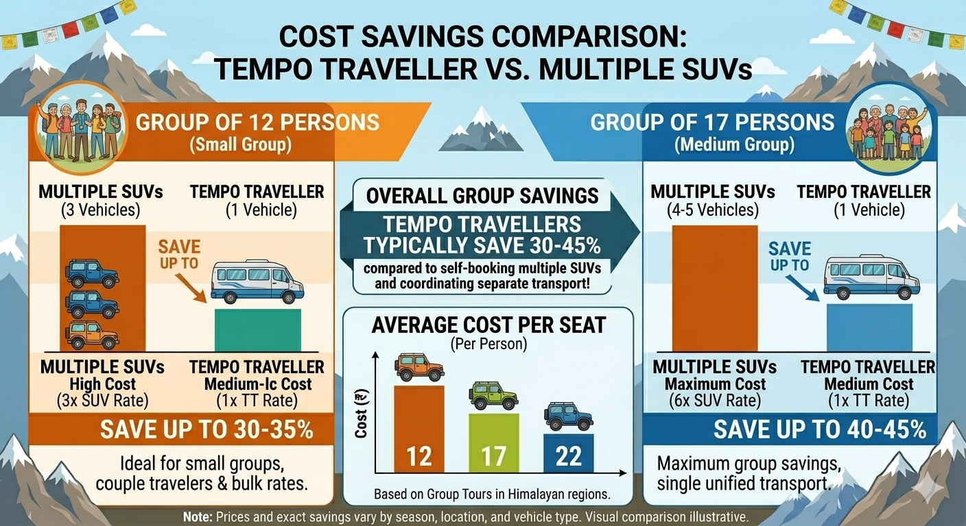 Tempo Traveller Rental Srinagar 2026 | 12-22 Seater | ₹5,500/day 8 Tempo traveller rental Srinagar 2026 - cost savings comparison vs multiple SUVs showing 35-40 percent savings for groups