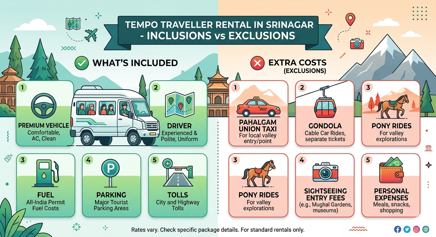 Tempo Traveller Rental Srinagar 2026 | 12-22 Seater | ₹5,500/day 12 Tempo traveller rental Srinagar 2026 - inclusions vs exclusions infographic
