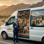 Tempo traveller rental Srinagar 2026 - professional chauffeur with luxury tempo traveller overlooking Dal Lake and Zabarwan mountains