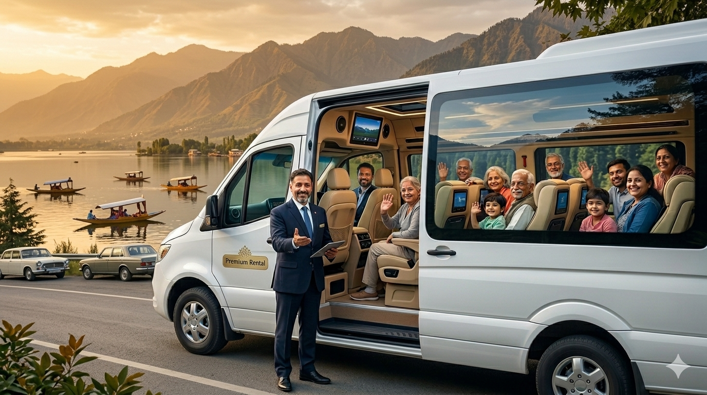 Tempo traveller rental Srinagar 2026 - professional chauffeur with luxury tempo traveller overlooking Dal Lake and Zabarwan mountains