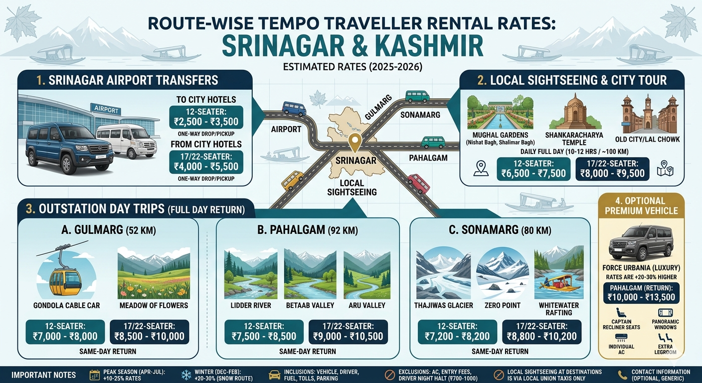 Tempo Traveller Rental Srinagar 2026 | 12-22 Seater | ₹5,500/day 10 Tempo traveller rental Srinagar 2026 - route-wise rates infographic