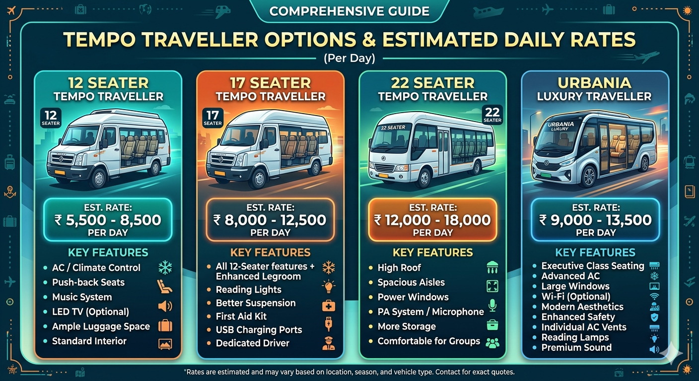 Tempo Traveller Rental Srinagar 2026 | 12-22 Seater | ₹5,500/day 9 Tempo traveller rental Srinagar 2026 - vehicle comparison 12 seater 17 seater 22 seater Urbania luxury with daily rates and seating capacity
