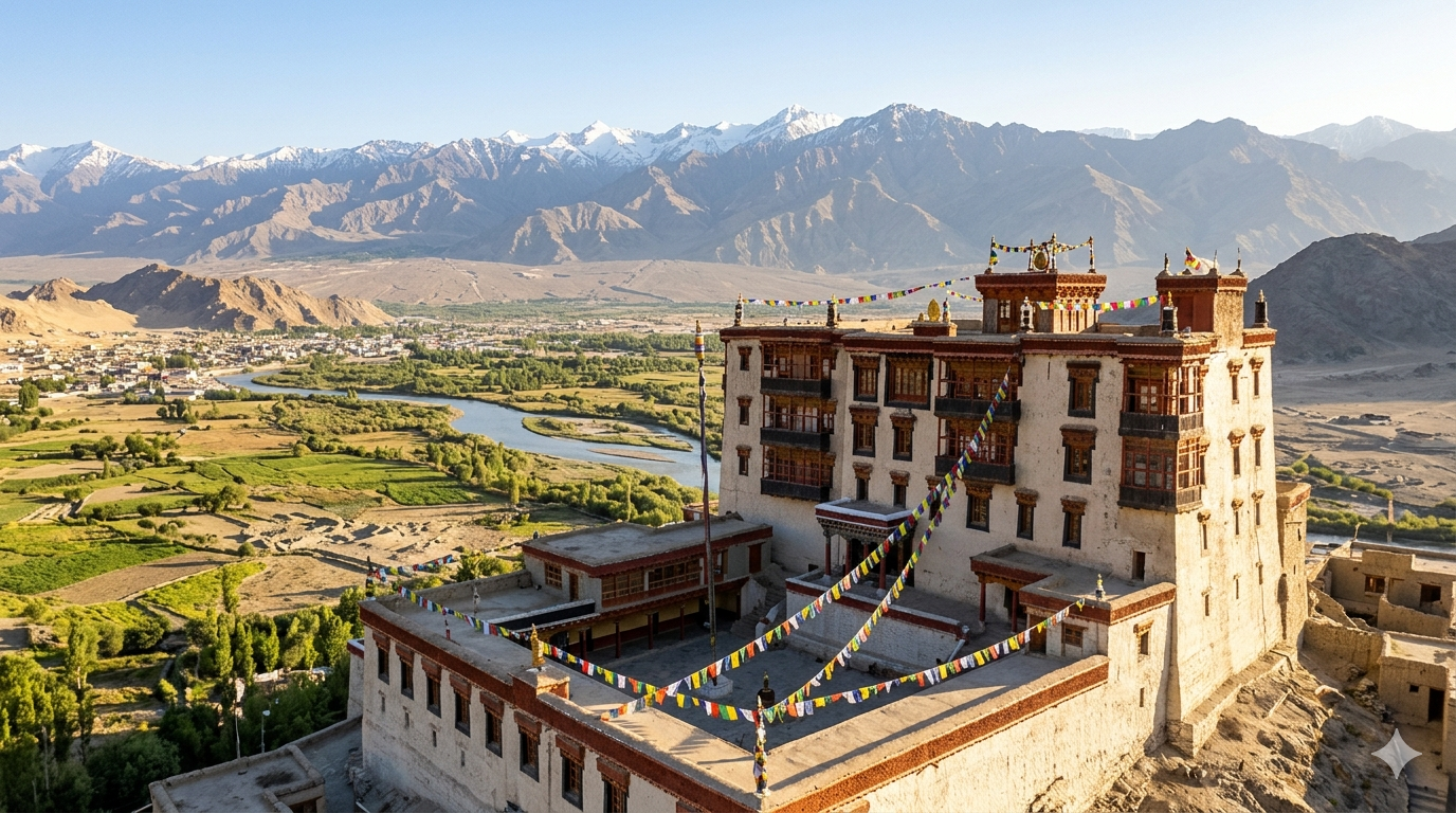 The exterior of Stok Palace Leh with its traditional Ladakhi architecture, whitewashed walls, and prayer flags. The Indus Valley visible below. Golden morning light.