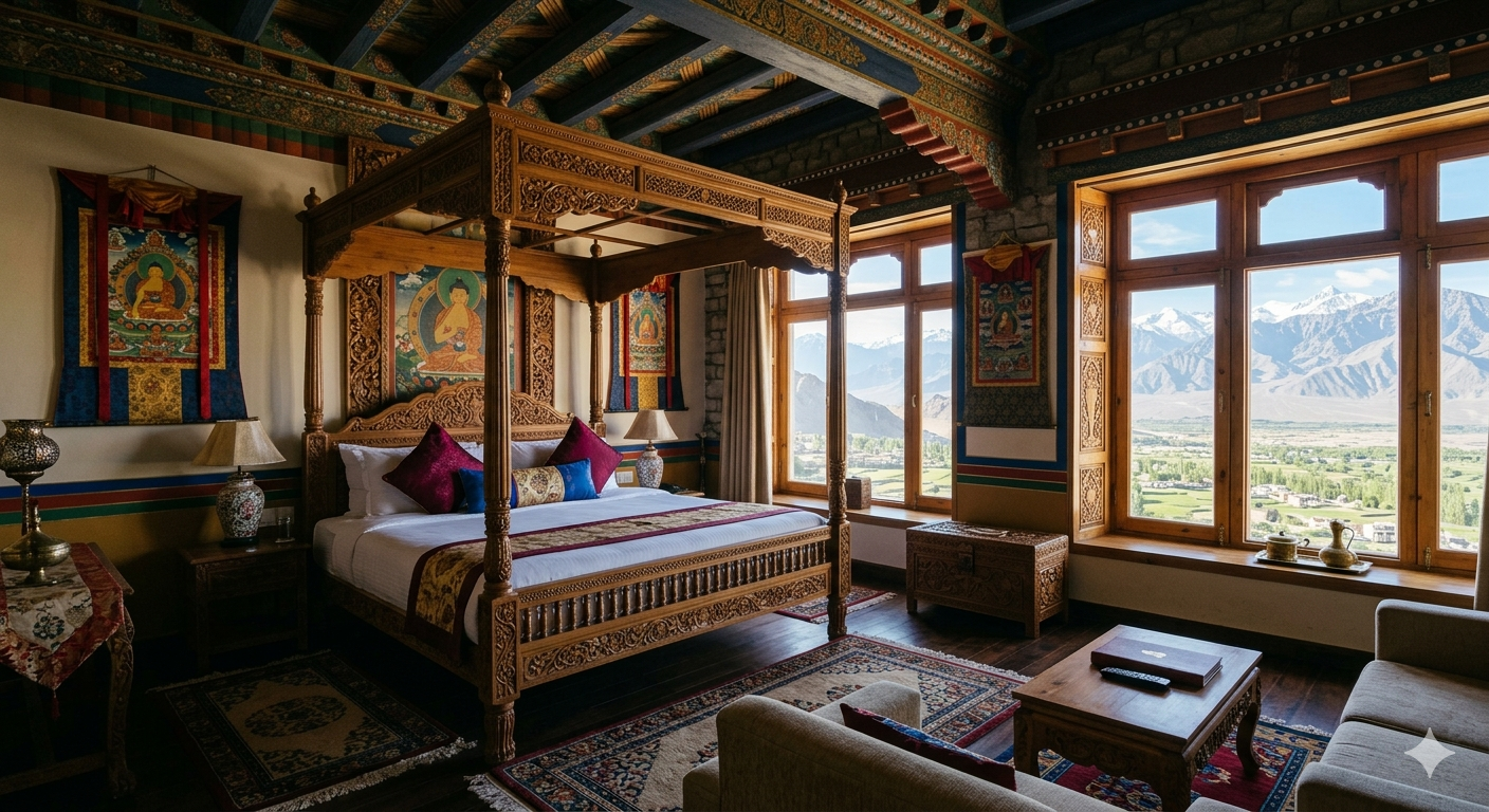 Luxury Car Rental for Kashmir Honeymoon 2026 | ₹5,000/Day | Fortuner 13 The interior of the Royal Suite at Stok Palace Leh with four-poster bed, traditional Ladakhi decor, large windows overlooking the Indus Valley. Morning light streaming through