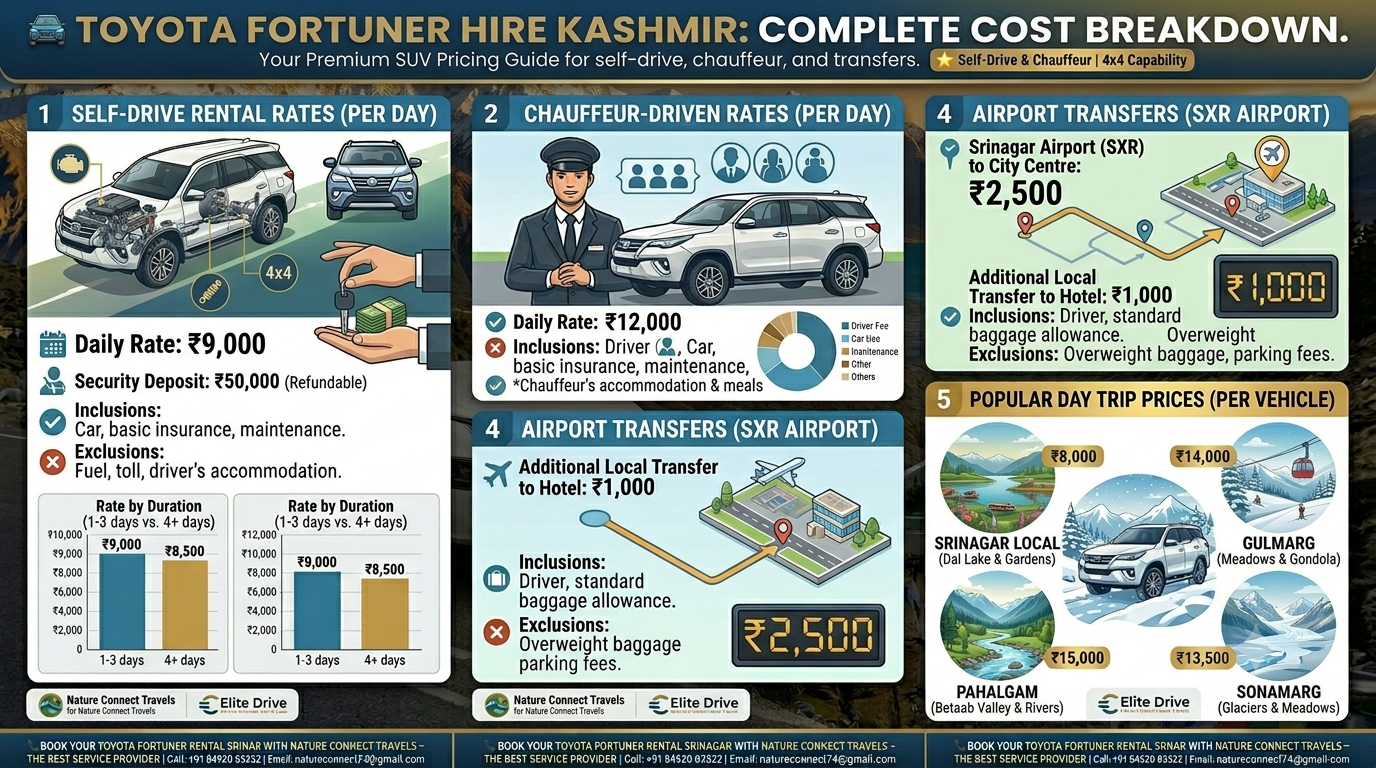 Toyota Fortuner Hire Kashmir 2026 | ₹9,000/day 9 Toyota Fortuner hire Kashmir 2026 - complete pricing infographic