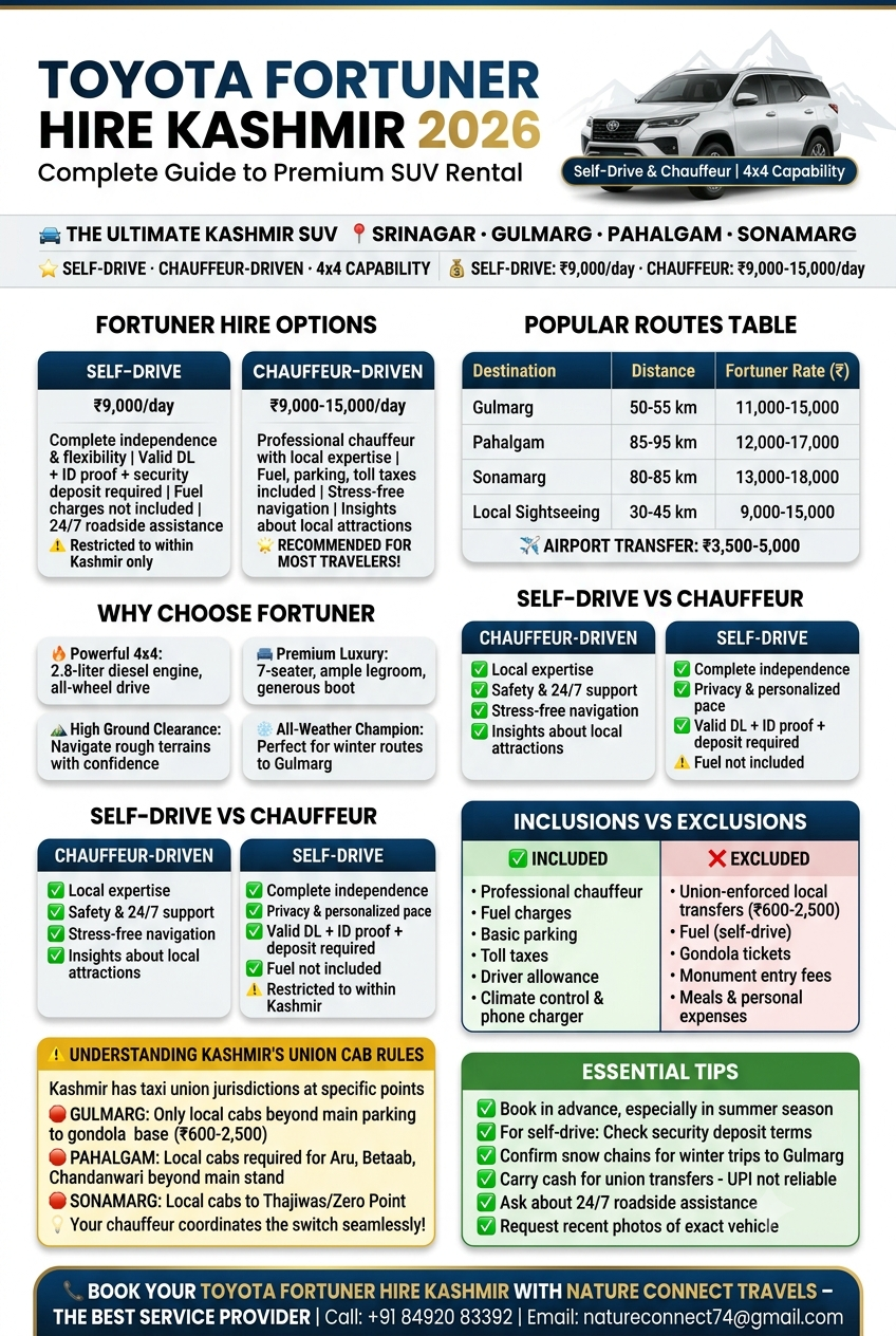 Toyota Fortuner hire Kashmir 2026 infographic - self-drive 9000 rupees per day, chauffeur-driven 9000-15000 rupees per day, popular routes Gulmarg 11000-15000 Pahalgam 12000-17000 Sonamarg 13000-18000, 4x4 capability, union cab rules explained