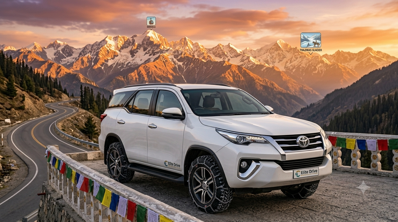 Toyota Fortuner Hire Kashmir 2026 | ₹9,000/day 7 Toyota Fortuner hire Kashmir 2026 - premium SUV on mountain road with Himalayan peaks