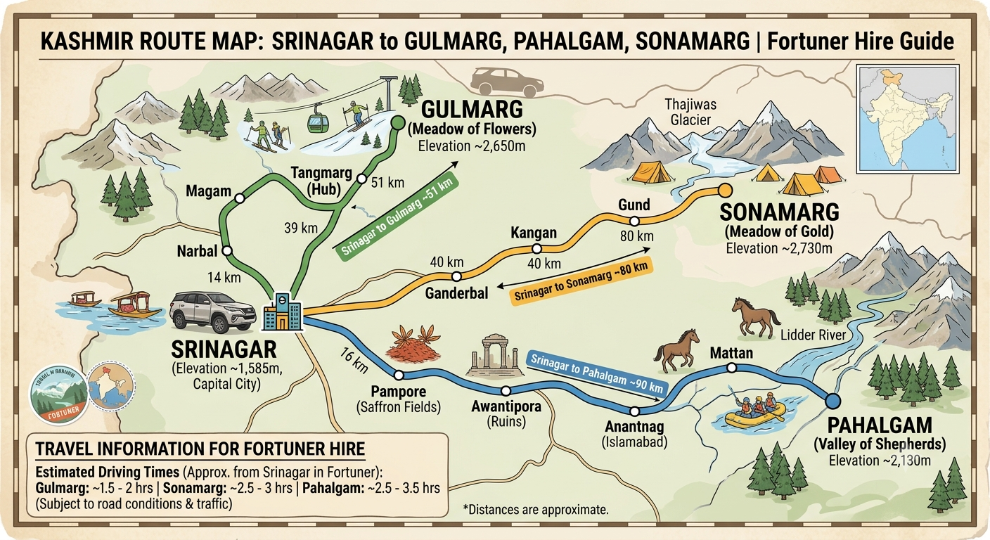 Toyota Fortuner Hire Kashmir 2026 | ₹9,000/day 10 Toyota Fortuner hire Kashmir 2026 - route map to Gulmarg, Pahalgam, and Sonamarg