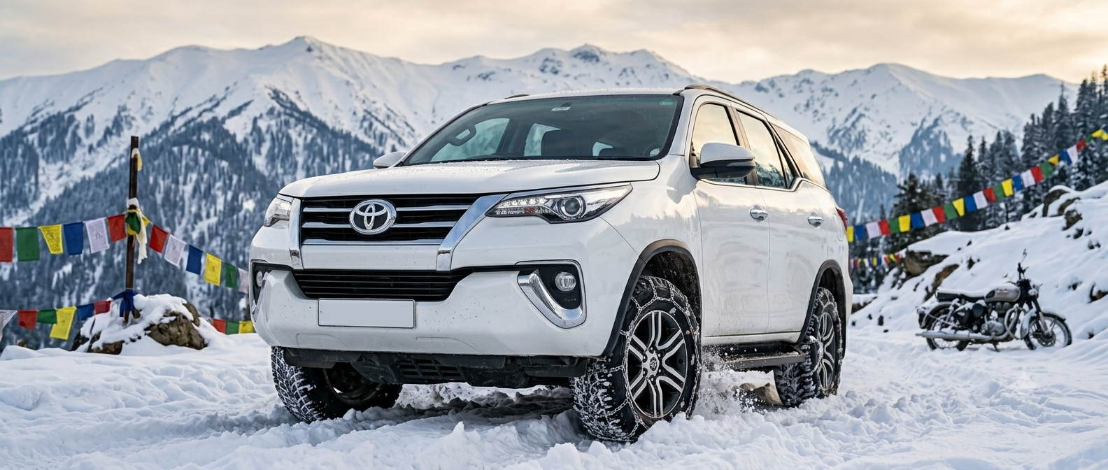 Toyota Fortuner Rental Srinagar 2026 | ₹9,000/day | Self-Drive & Driver 11 Toyota Fortuner rental Srinagar 2026 - Fortuner on snow-covered Gulmarg road